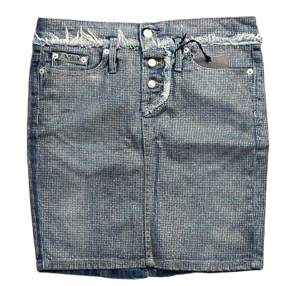 Richmond Button Fly Fringed Glitter Coated Denim Mini Pencil Skirt Sz 42 NWT